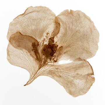Pressed and dried skeletonized Peony petal, single petal detail, massive scale for a petal, intricate vein structure, sepia-toned white background.