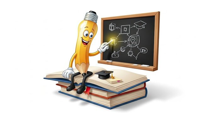 Smiling Cartoon Pencil Teaching Education With Books and Blackboard Diagram