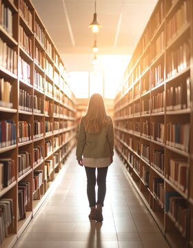 Woman Walking Down a Library Aisle with Bookshelves