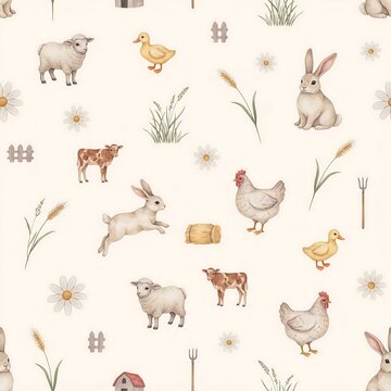 Seamless pattern of watercolor farm animals including sheep, rabbits, chickens, ducklings, and calves with farm and wildflowers