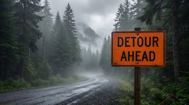 Orange detour ahead warning sign on a rural road through a foggy forest