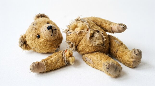Vintage teddy bear torn apart showing stuffing and worn fur isolated on white background symbolizing loss and childhood memories