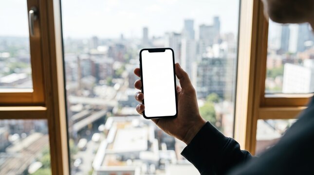 Person holding smartphone with blank white screen against blurred city skyline background through window, perfect mockup for app design or advertisement display