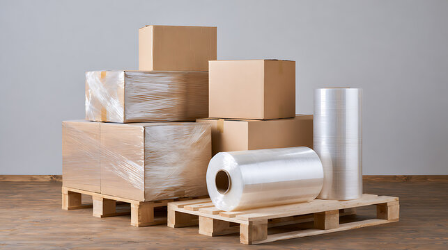 Cardboard boxes stacked on wooden pallets with stretch film rolls for commercial warehouse shipping, logistics, and product packaging operations