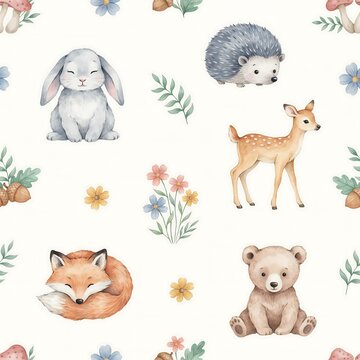 Seamless pattern of watercolor woodland animals including a rabbit, hedgehog, deer fawn, fox, and bear cub with mushrooms and flowers