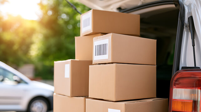 Cardboard parcel boxes stack inside delivery van trunk boot for transport and logistics service distribution business shipping order e-commerce