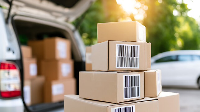 Delivery boxes with barcode stacked on car trunk, parcel service, e-commerce, courier service, fast shipping, package delivery concept