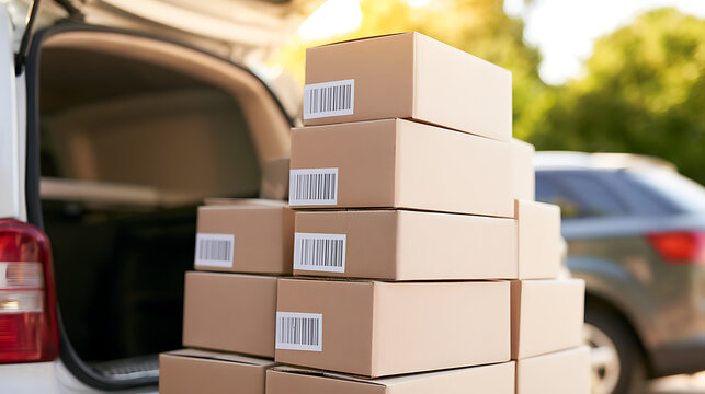 A stack of brown cardboard boxes ready for delivery near a car trunk, representing shipping logistics, parcel distribution, and courier service