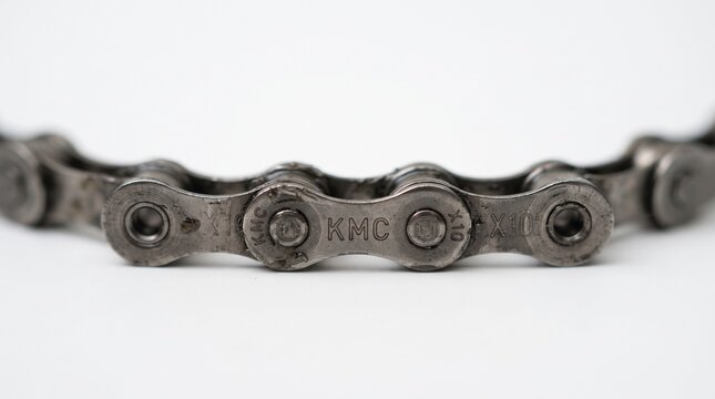 Close up of a KMC X10 bicycle chain with visible wear and tear, isolated on a white background