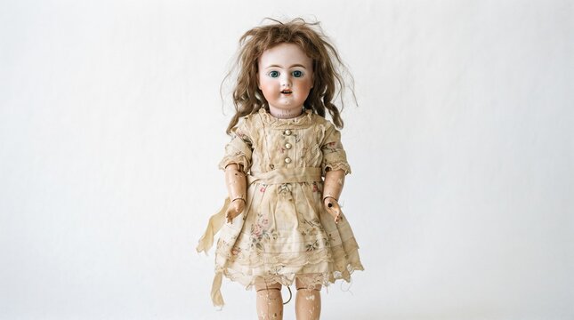 Antique German bisque doll with blue eyes and wavy brown hair wearing a floral dress isolated on white background