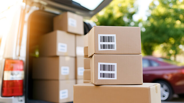 Cardboard parcel boxes ready for transport and delivery inside a courier delivery van trunk outdoors in a sunny residential parking street scene