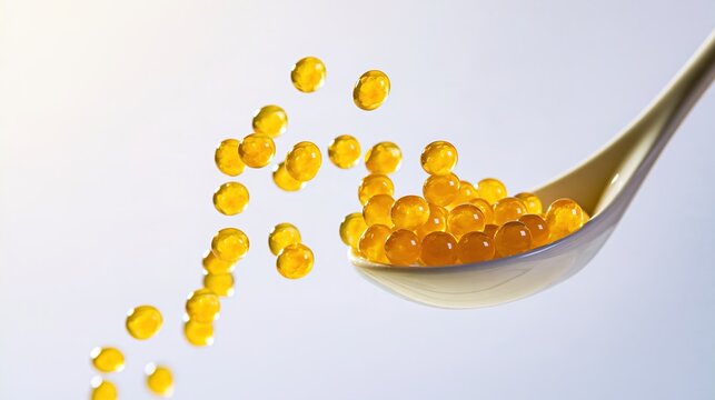 Molecular Gastronomy, Orange Caviar Spheres Floating Above a Ceramic Spoon in a Bright Restaurant Kitchen, Molecular Cuisine, Creative Fine Dining