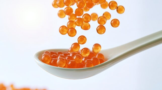 Molecular Gastronomy, Orange Caviar Spheres Floating Above a Ceramic Spoon in a Bright Restaurant Kitchen, Molecular Cuisine, Creative Fine Dining
