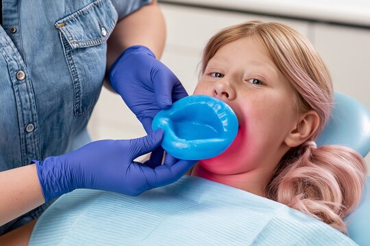 Dentist with blue gloves places a fluoride tray into the mouth of a young girl in a clinic chair