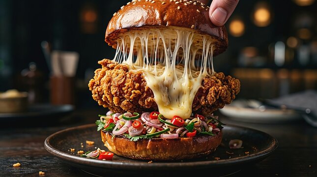 Crispy fried chicken burger with melted cheese pull and spicy Indonesian sambal matah