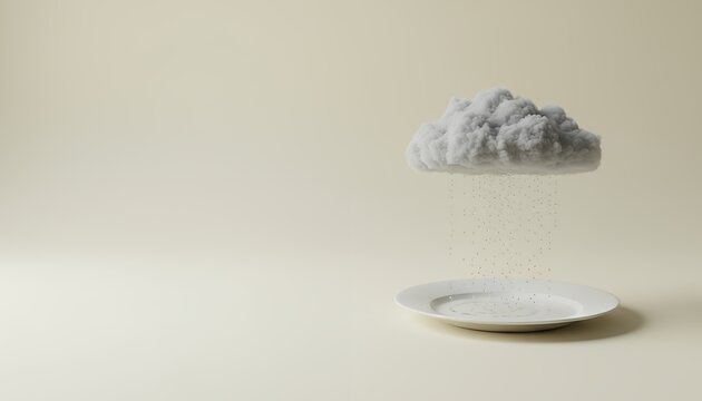 白い皿に雨を落とす雨雲