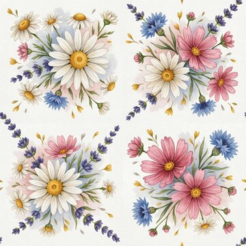 Seamless pattern with watercolor of daisies, cosmos flowers, and lavender sprigs on a white background, for textile printing