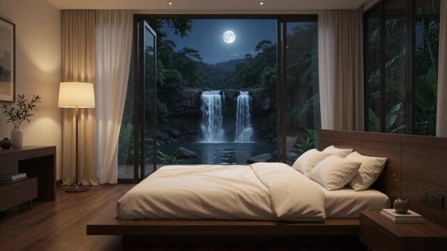Luxurious bedroom interior with open doors facing a tropical waterfall and forest landscape under a full moon at night.