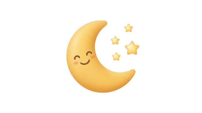Smiling crescent moon with stars on white background