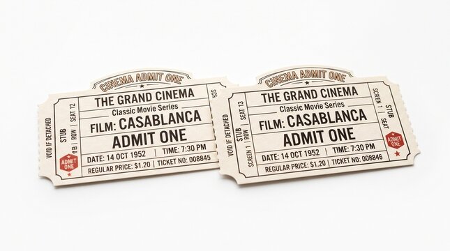 Two vintage Casablanca movie tickets for The Grand Cinema classic movie series dated October 14 1952