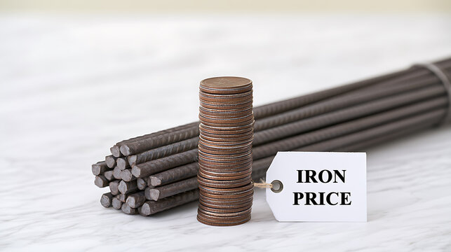 A stack of coins next to a bundle of metal rebar with a tag showing iron price, representing construction material market cost and economy
