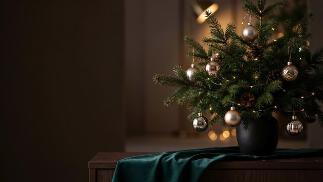 Small christmas tree in a black pot decorated with silver baubles and fairy lights on a wooden table with a dark green velvet cloth