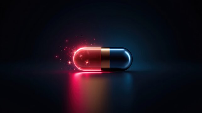 Glowing red and blue capsule medicine pill on dark background