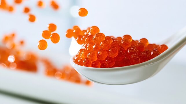 Molecular Gastronomy, Orange Caviar Spheres Floating Above a Ceramic Spoon in a Bright Restaurant Kitchen, Molecular Cuisine, Creative Fine Dining
