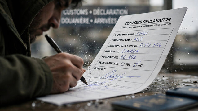 Traveler filling customs declaration form at airport