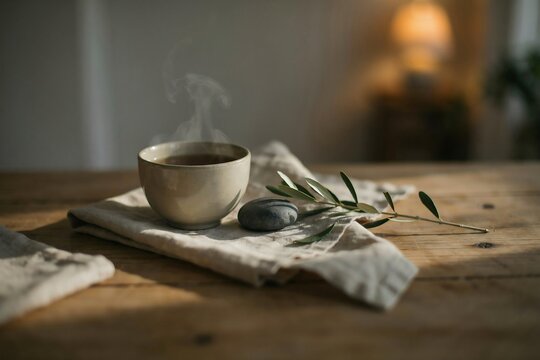 Steaming cup of tea on a linen napkin with an olive branch and a smooth grey stone on a rustic wooden table in soft natural light