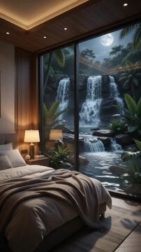 Luxury modern bedroom interior featuring large glass windows with scenic view of tropical waterfall at night under full moon light