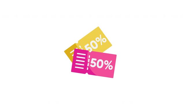 Yellow and pink 50 off discount coupons for promotional marketing. Suitable for printing and digital marketing materials for sales campaigns.
