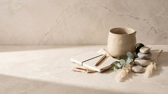 Still life composition with a ceramic mug, a notebook, a pen, eucalyptus leaves, and a stack of smooth grey stones on a marble surface