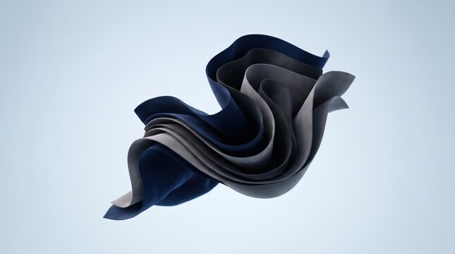 Abstract 3D rendering of flowing dark blue and grey fabric waves floating against a light background, representing elegance, fluidity, and modern digital design concepts.