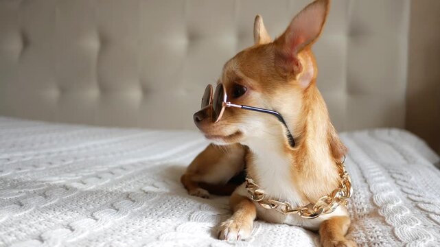 Funny cute dog. Chihuahua wearing sunglasses. A small puppy &mdash; perfect upbeat stock footage for video, ads, social and for advertising