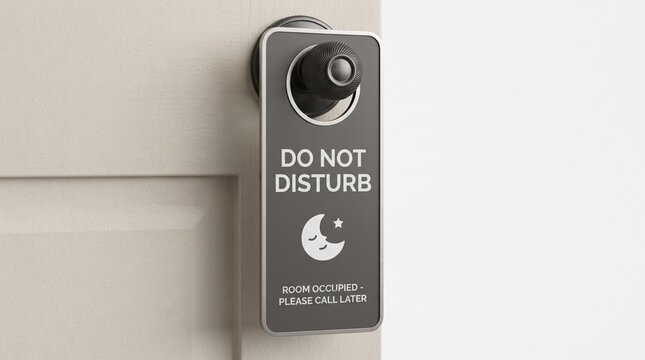 Hotel Room Occupied Do Not Disturb Sign Hanging on Door Knob with Moon and Star Icon