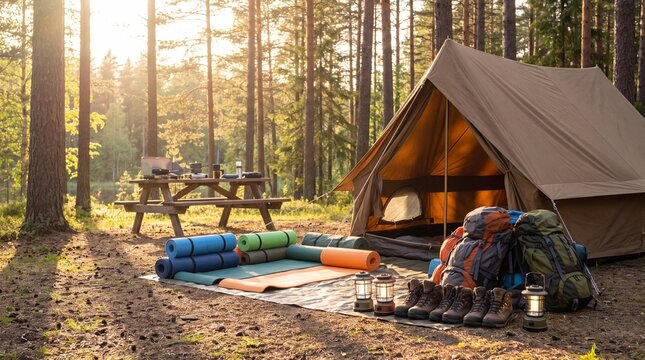 Scenic camping setup with a cozy tent, backpacks, and picnic table surrounded by nature at sunset.
