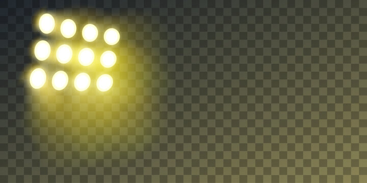 Vector illustration of stadium spotlights casting bright yellow light beams 