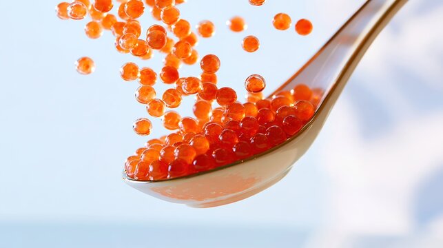 Molecular Gastronomy, Orange Caviar Spheres Floating Above a Ceramic Spoon in a Bright Restaurant Kitchen, Molecular Cuisine, Creative Fine Dining