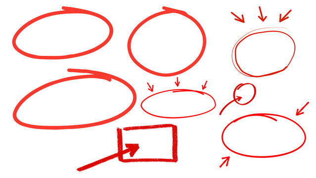 Red hand drawn circles and arrows set, marker sketch highlight elements, scribbled oval frames for emphasis and correction