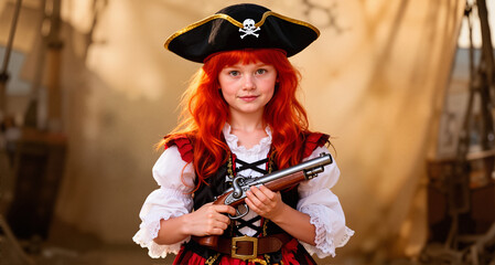 Fototapeta premium A red-haired girl in a pirate costume is holding a toy weapon.