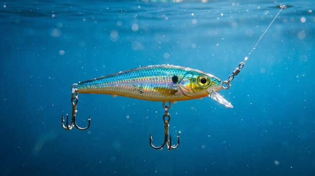 Realistic fish shaped fishing lure with treble hooks submerged underwater in clear blue water with light reflections