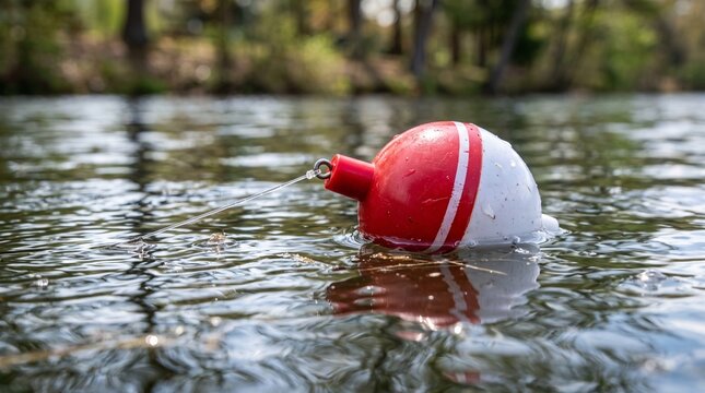Red and white fishing bobber floating on calm water with trees in the background
