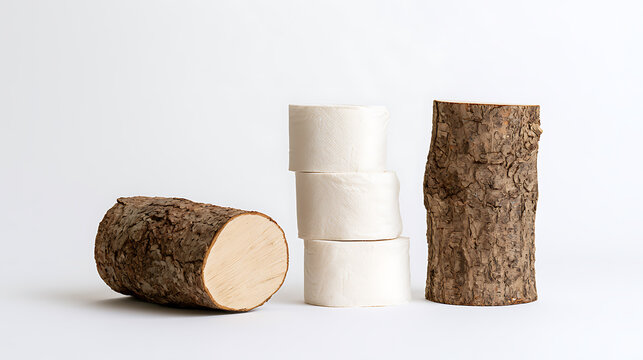 Creative concept showcase comparing natural tree log timber with white paper roll product symbol resource sustainability industry environmental impact