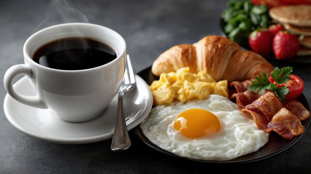 Breakfast Spread With Coffee Eggs Bacon Croissant