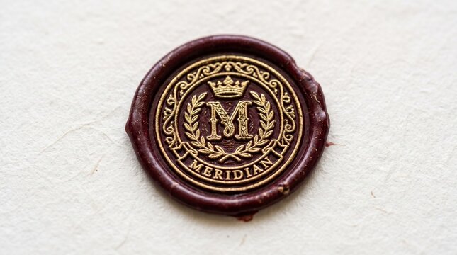 Elegant Burgundy Wax Seal with Gold Embossed Letter M and Meridian Text