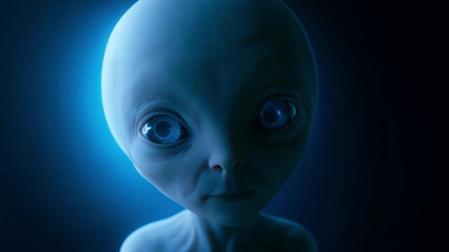 Grey alien face close up looking at the camera on a dark background. Extraterrestrial being with big eyes in blue light. UFO, alien life and science fiction concept