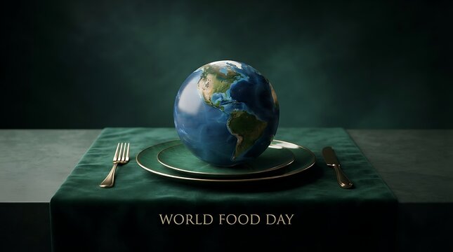 World food day concept with a globe placed on a dinner plate on a dark green velvet tablecloth with a fork and knife, representing global hunger and sustainability