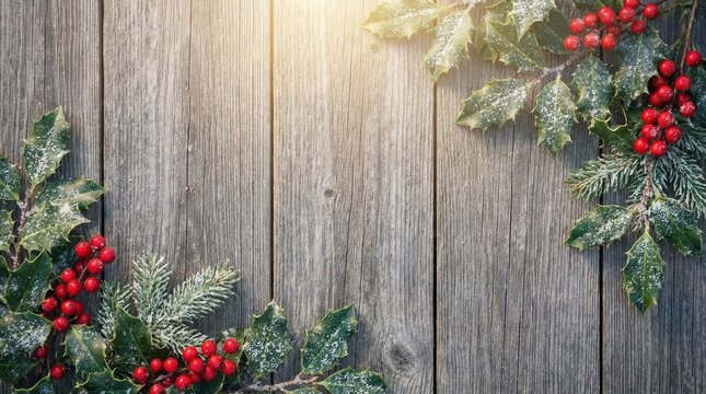 Christmas background with holly berries and fir branches on rustic wooden planks