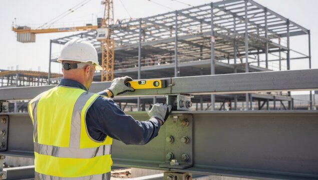 Faceless site engineer checking the alignment of newly installed steel beams in construction site with natural light
